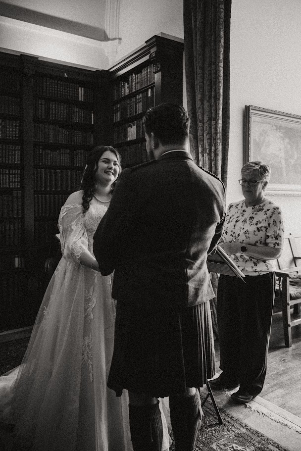 zoe and ryan's wedding at drum castle with mary gibson the celebrant angel aberdeen